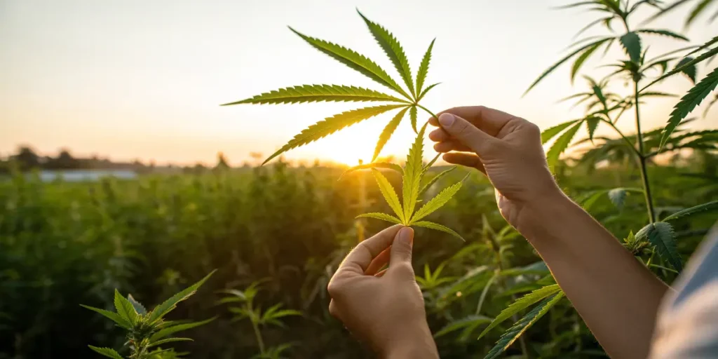 Hands examining a cannabis leaf in a field at sunset, representing cannabis legislation in Africa.