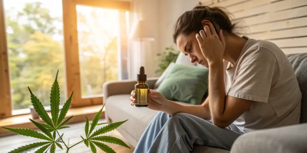 Woman examining CBD oil while experiencing cannabis migraine headaches at home.
