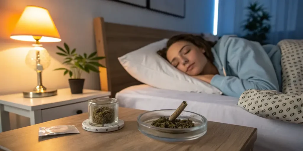 Young woman sleeping peacefully in her bedroom after using cannabis for migraine headaches.
