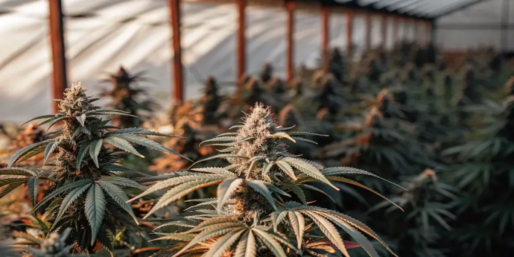 cannabis plant in a greenhouse with sunlight filtering through the panels