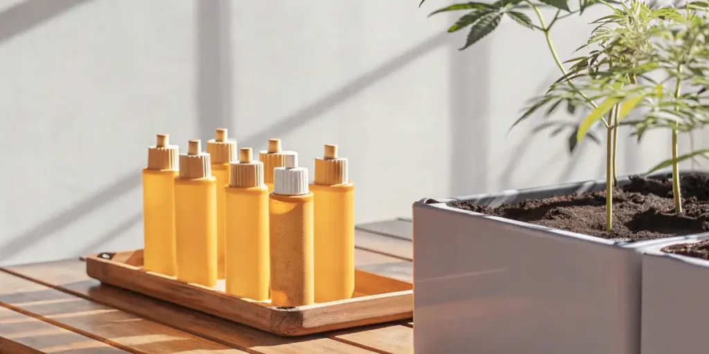 Small cannabis plants in pots next to yellow nutrient bottles for beginners.