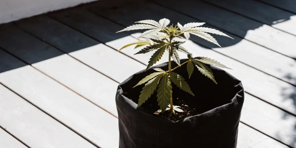 Cannabis seedling growing in a black fabric grow bag under natural light.