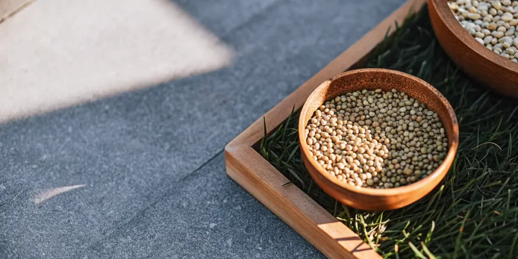 Wooden bowl filled with cannabis seeds placed on a tray with grass detail.