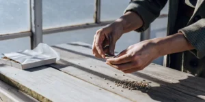 Close-up of hands carefully handling cannabis seeds on a wooden table inside a greenhouse.