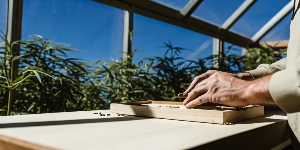 Hands sorting cannabis seeds on a wooden tray with cannabis plants in the background.