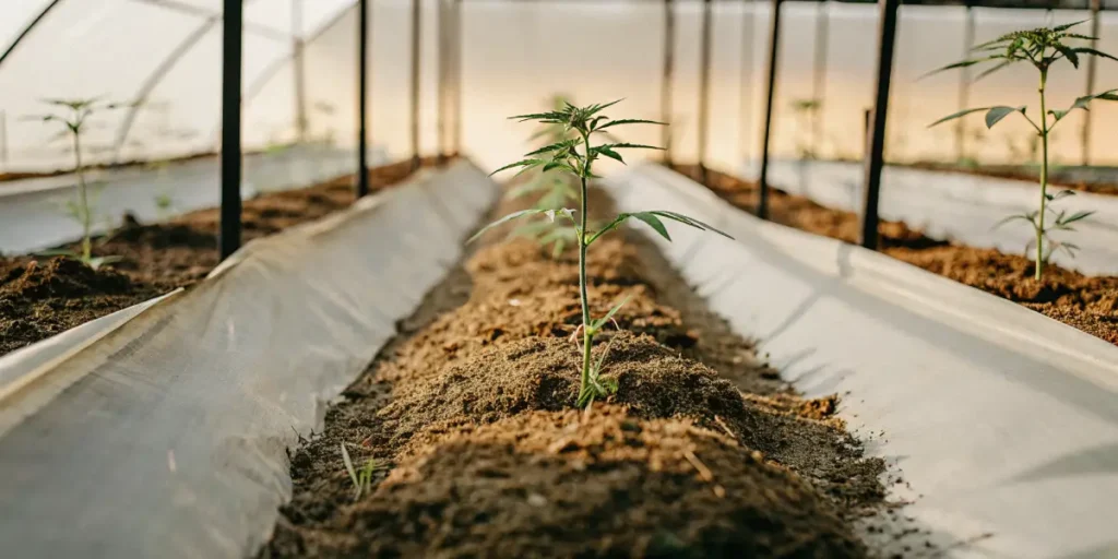 Young cannabis seedling growing in a nutrient-rich soil bed inside a greenhouse.