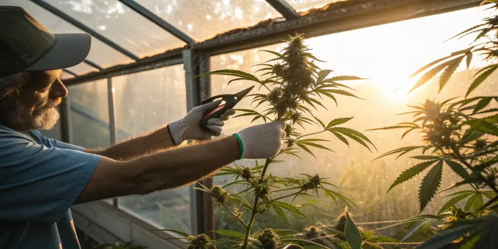 Grower pruning cannabis plant incorrectly under sunlight.