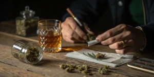 Cannabis vs Alcohol scene with hands rolling a joint beside a whiskey glass on a wooden table.