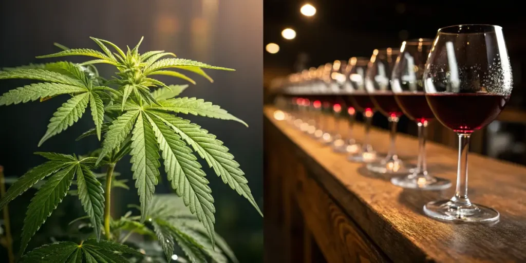 Cannabis vs Alcohol comparison with a vibrant cannabis plant next to a row of wine glasses in a dim setting.