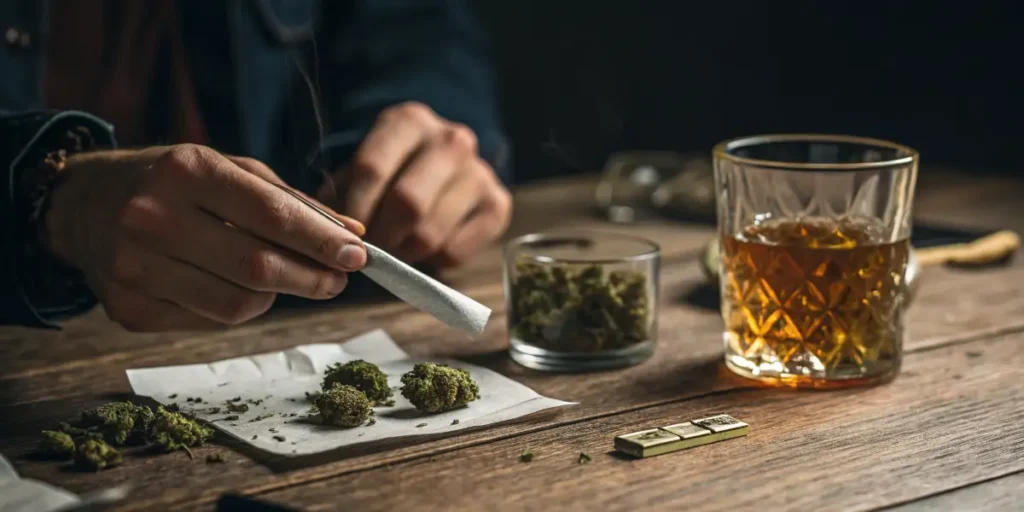 Cannabis vs Alcohol setup showing a rolled joint, cannabis buds and a glass of whiskey on a rustic table.