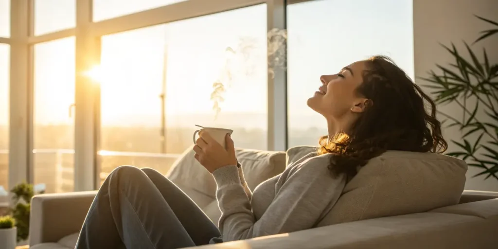 Woman enjoying a cup of tea in sunlight, feeling relaxed and pain-free.