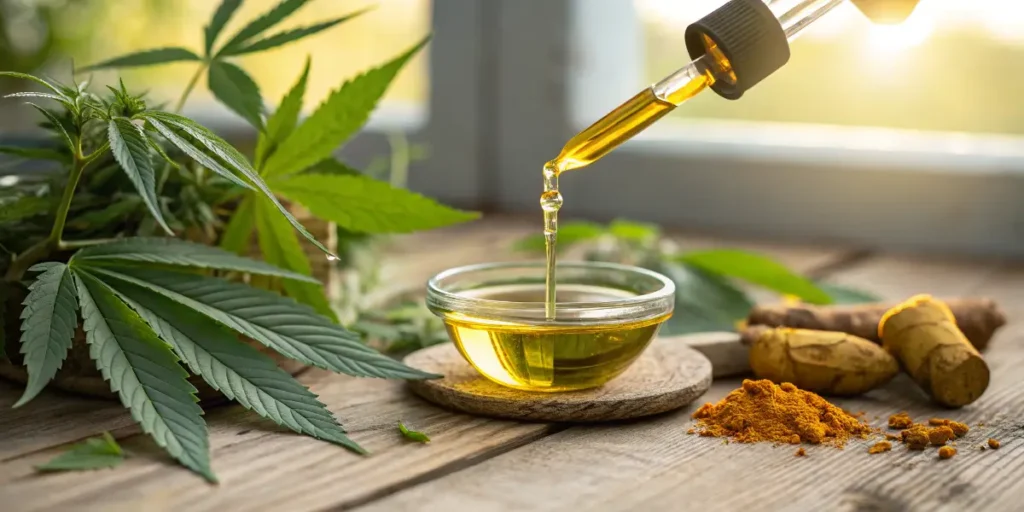 Dropper releasing CBD oil into a glass bowl beside turmeric and cannabis leaves.