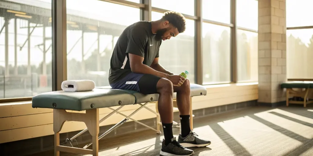 Athlete sitting on a massage table using CBD lotion in a sunlit gym.