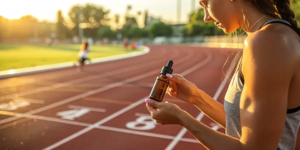 Female athlete holding a CBD oil dropper bottle on a running track at sunset.