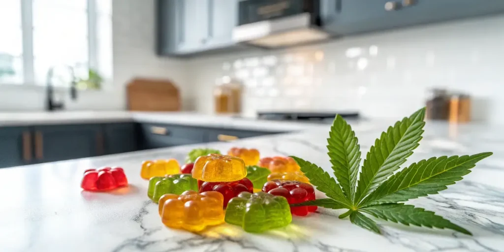 Colorful CBD Cannabidiol gummies with a cannabis leaf on a bright kitchen counter.