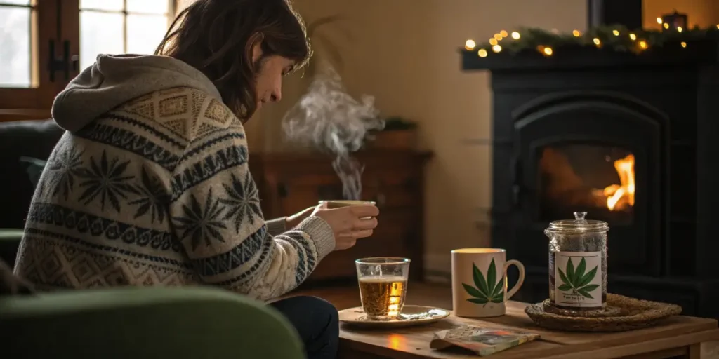 Person enjoying warm CBD Cannabidiol tea by the fireplace in a cozy winter setting.