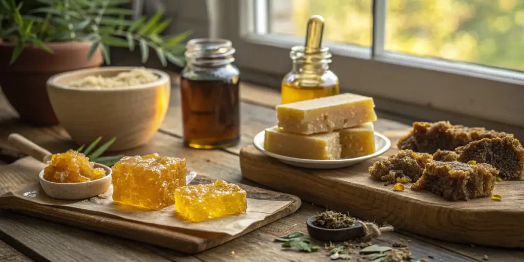 CBD concentrates and oils displayed on marble surface with natural light.