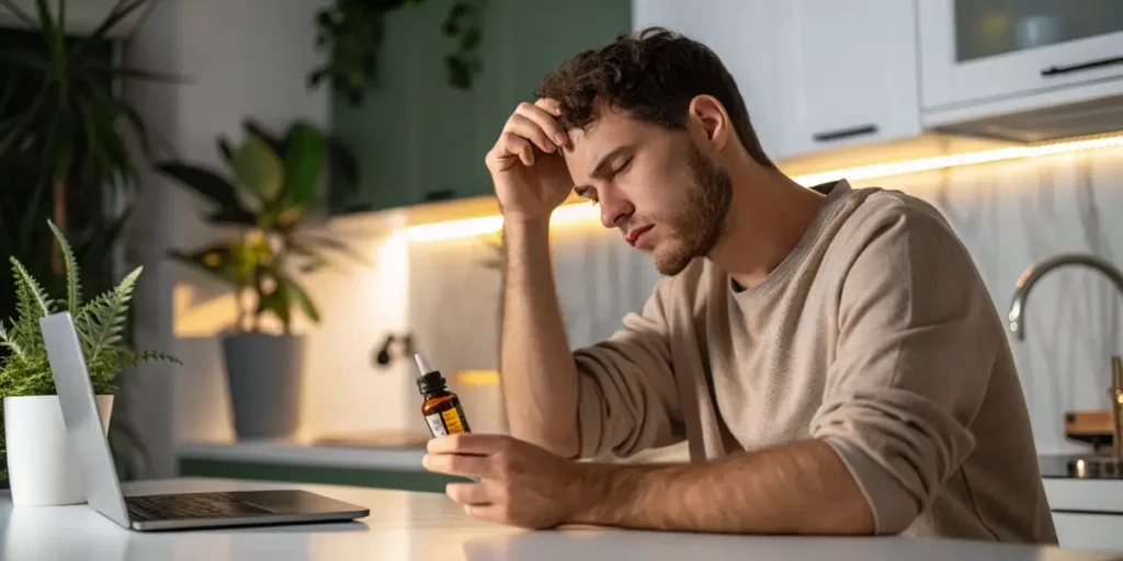 Frustrated young man holding CBD oil bottle, thinking CBD does not work for me.