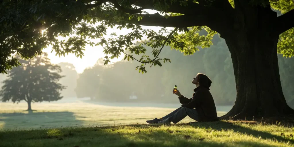 Person enjoying the benefits of CBD oil outdoors in a peaceful park.