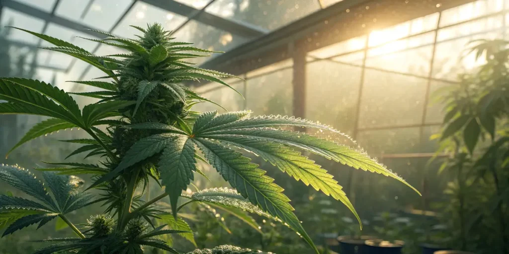 Mature CBD-rich cannabis buds growing in a sunlit greenhouse