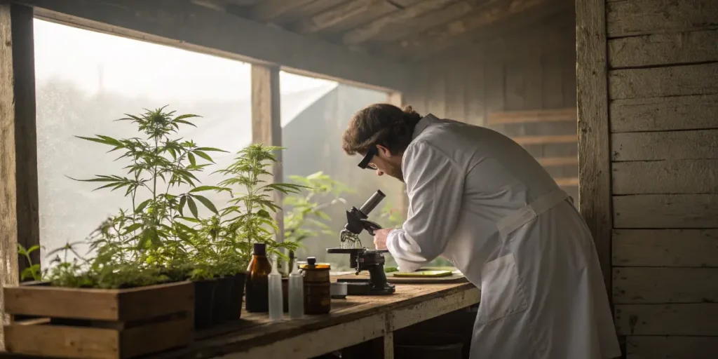 Scientist examining CBD-rich cannabis plants in a rustic lab setting