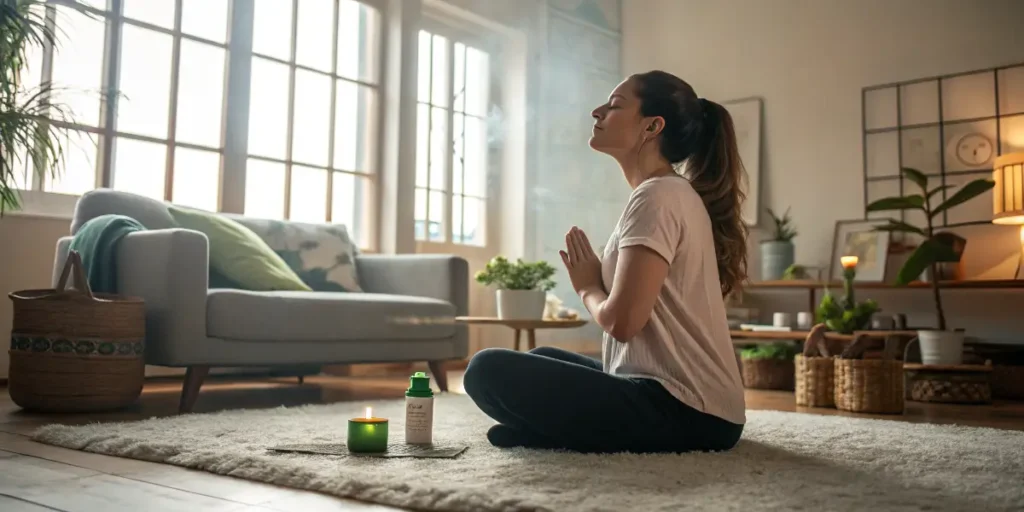 Young woman meditating peacefully in a cozy, sunlit living room.