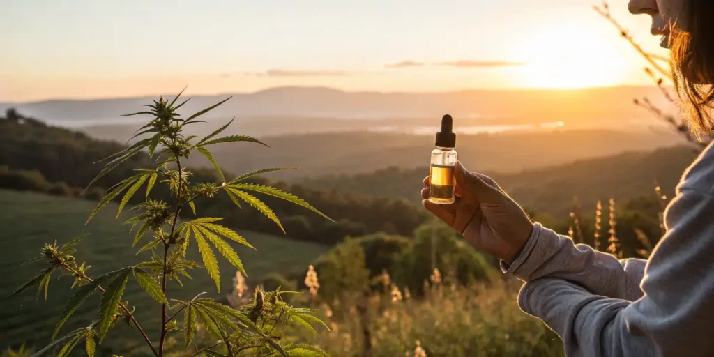 Person holding a small bottle of CBD oil beside a cannabis plant at sunset.