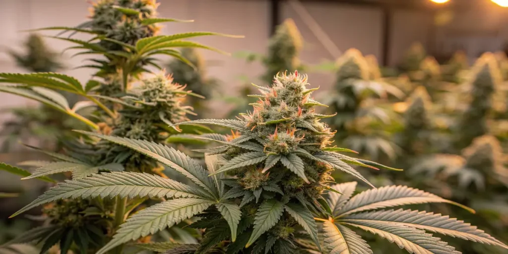 CBG-Force Auto cannabis plants flowering under controlled LED lights in a grow room.