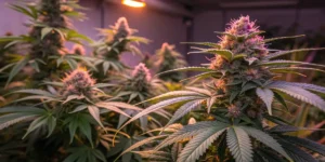 CBG-Force Auto cannabis plant with large resinous buds under warm indoor lighting.