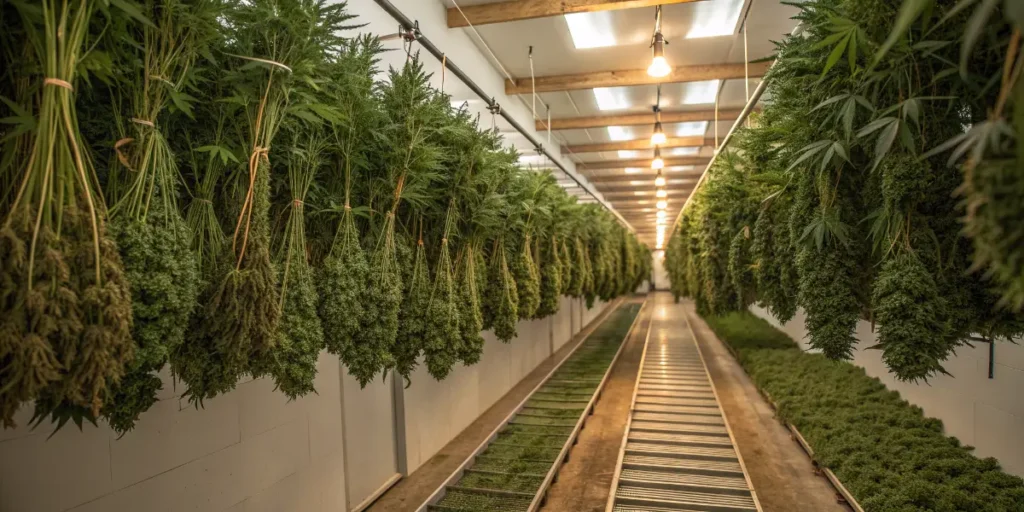 Rows of harvested CBG-Force Auto cannabis plants hanging upside down to dry.