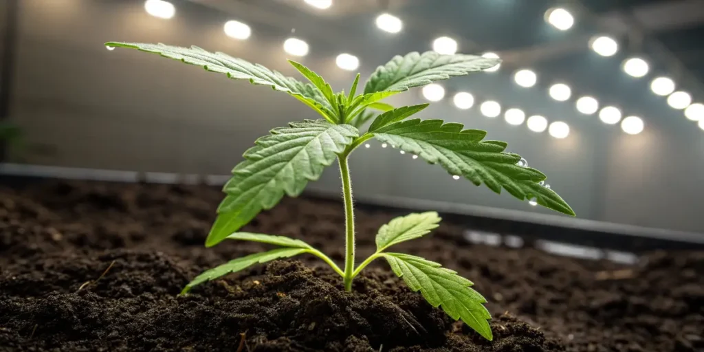 Charlotte’s Angel CBD cannabis plant with vibrant green leaves under LED lights in indoor grow room.