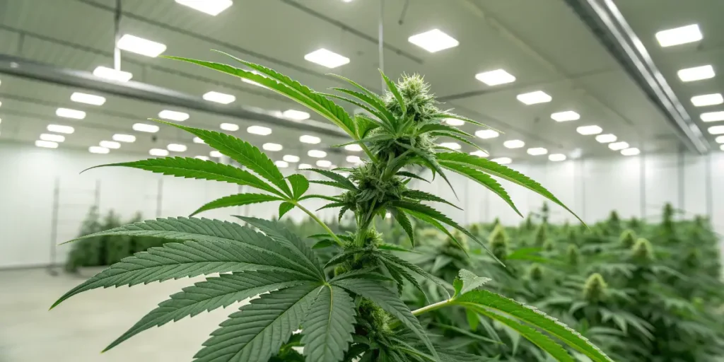 Young Charlotte’s Angel CBD seedling emerging from dark soil under grow lights.