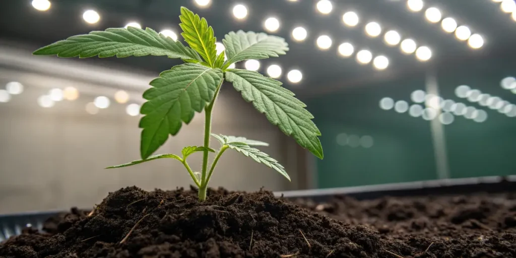 Charlotte’s Angel CBD cannabis plant developing strong branches under bright LED lighting.