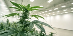 Small Charlotte’s Angel CBD cannabis plant with bright green leaves under indoor lighting.