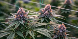 Charlotte’s Web cannabis plants with resin-covered buds growing indoors under bright lights.