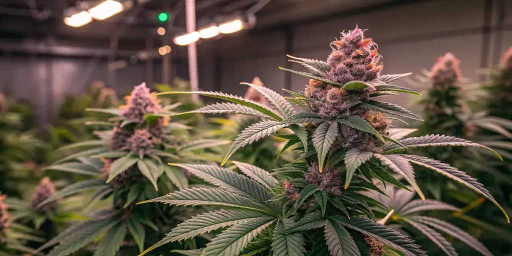 Charlotte’s Web cannabis plant with purple-tinted buds and green leaves under indoor lighting.