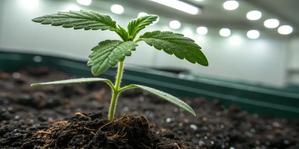 Young Charlotte’s Web seedling emerging from dark soil under LED grow lights.