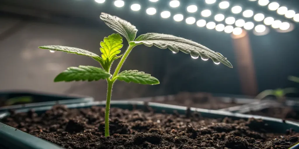 Small Charlotte’s Web cannabis seedling with bright green leaves under LED lighting.