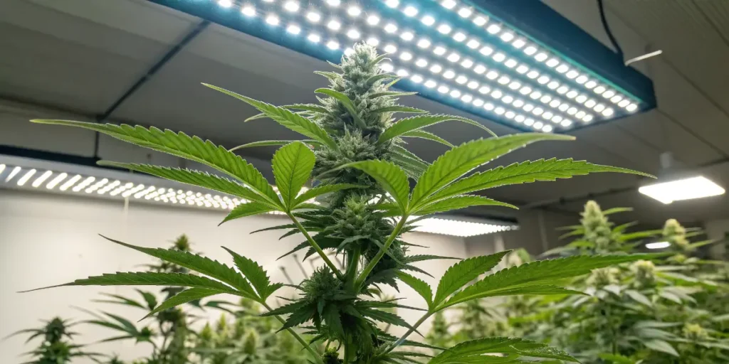 Colombian Gold Auto cannabis plant under LED grow lights with dense buds forming.