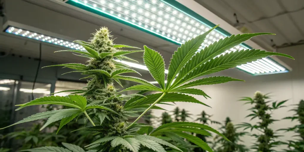 Colombian Gold Auto cannabis plant growing indoors under bright LED lights.