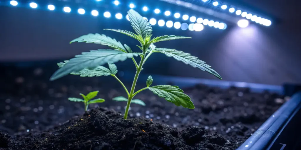 Young Colombian Gold Auto seedling sprouting in soil under blue LED grow light.