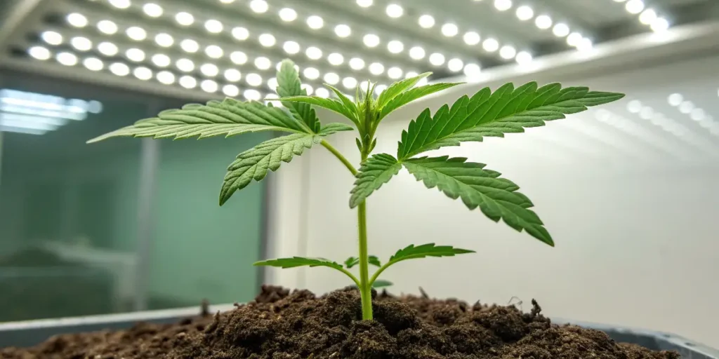 Young Cookies cannabis seedling sprouting in nutrient-rich soil under LED lights.