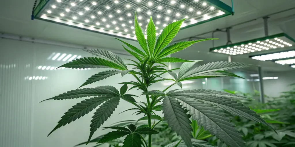 Indoor-grown Cookies Haze cannabis plant under bright LED panels.