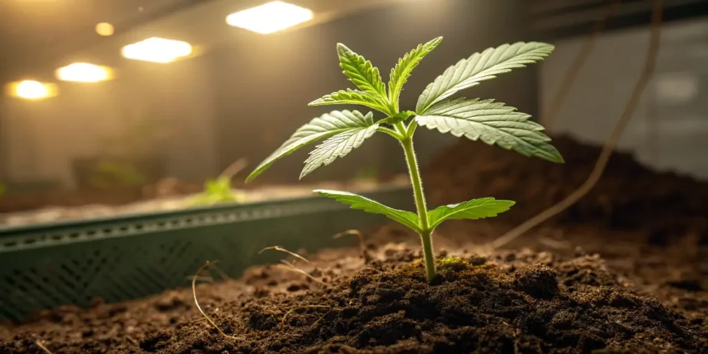 Cookies Haze cannabis plant in early vegetative stage inside an indoor grow room.