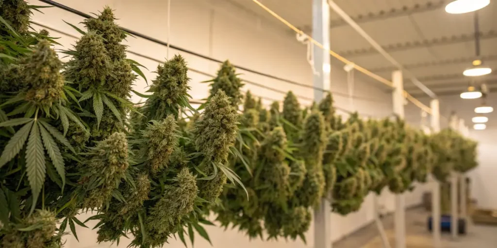 Harvested Corleone Kush Auto cannabis plants hanging to dry in a controlled environment.