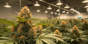 Cr+ cannabis plants growing indoors under LED panels with vibrant green foliage.