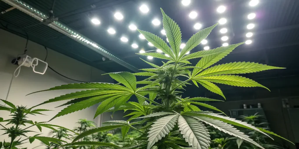 Cr+ cannabis plant in full bloom with large, resin-covered buds.