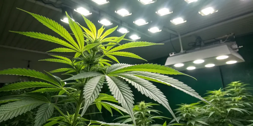 Cr+ cannabis plant growing under LED lights during the vegetative phase.