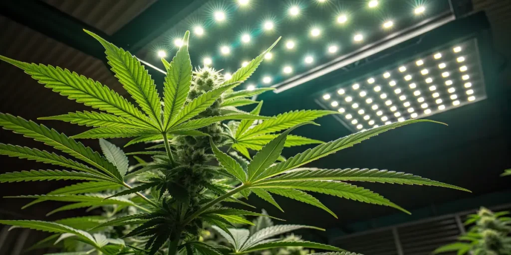 Cream Auto cannabis plant developing dense buds under indoor LED lighting.