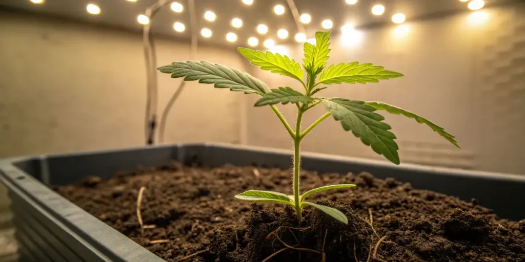 Cream Auto cannabis seedling in early growth stage with sunlight entering the grow room.